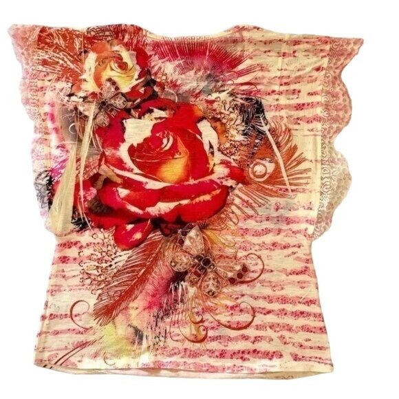 Style and Co Floral Top with Decorative Gems and Lace for Women Size PM Blouse - Picture 2 of 14